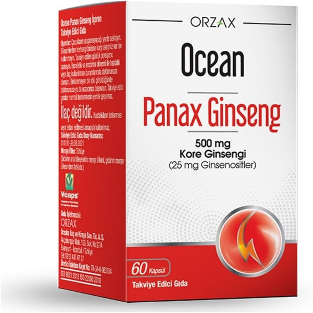 OCEAN PANAX GINSENG (KORE GINSENGI) ICEREN TAKVIYE EDICI GIDA 500 mg 60 kapsül