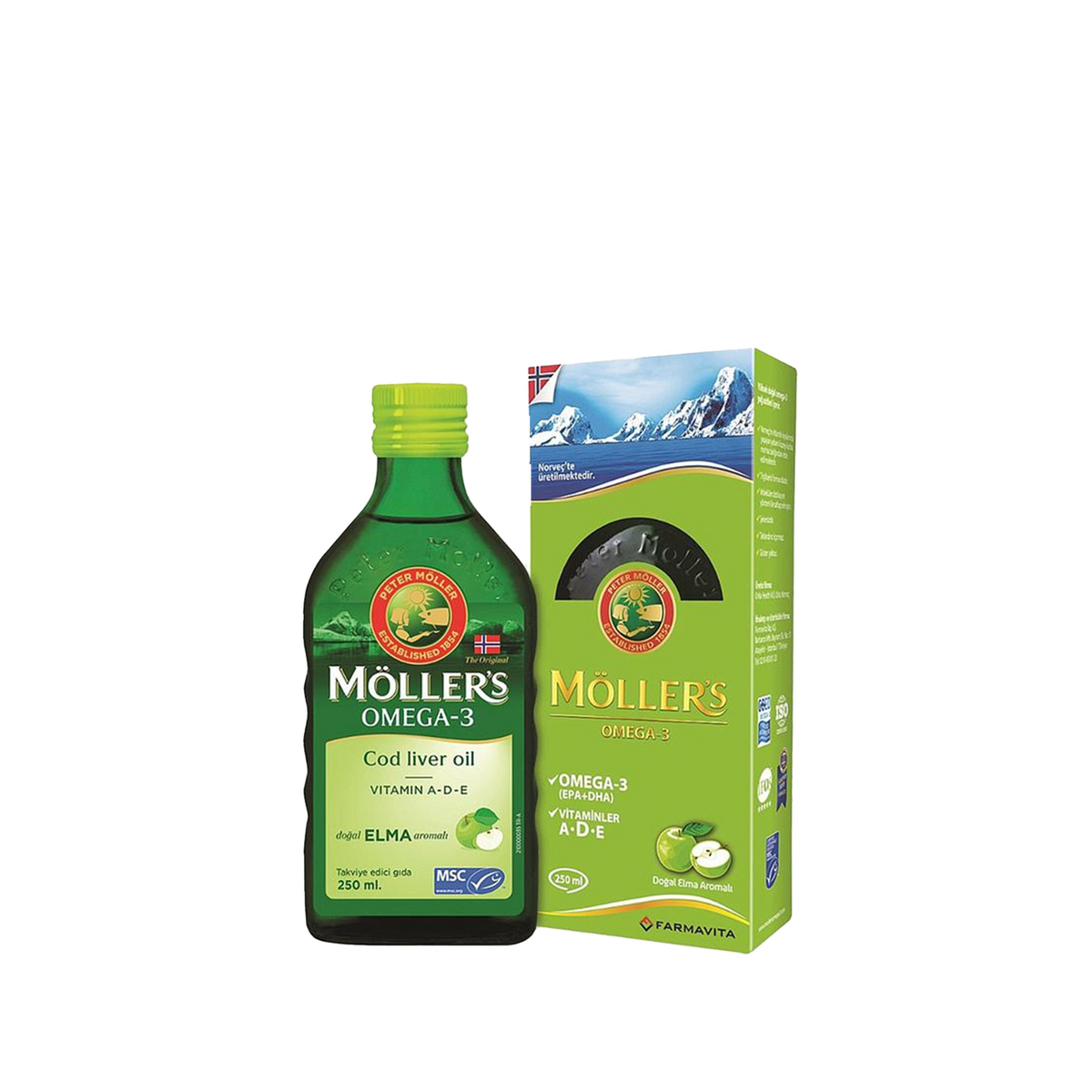 MOLLERS COD LIVER OIL OMEGA-3 ICEREN ELMA AROMALI TAKVIYE EDICI GIDA 250 ml şişe