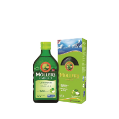 MOLLERS COD LIVER OIL OMEGA-3 ICEREN ELMA AROMALI TAKVIYE EDICI GIDA 250 ml şişe